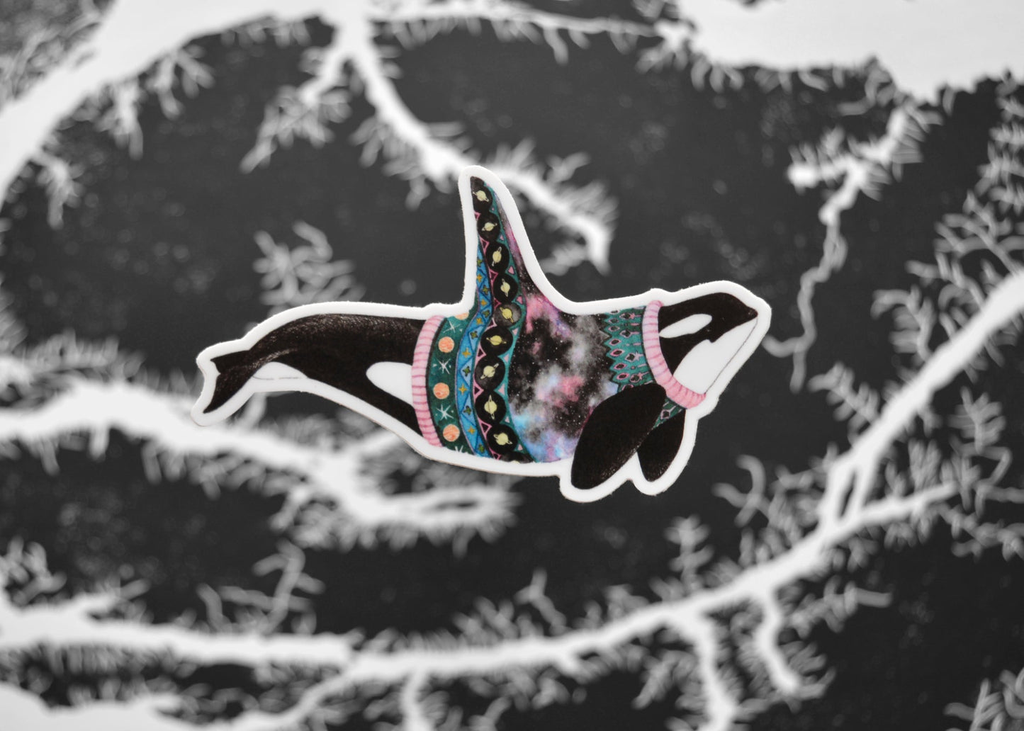 Orca sticker, wearing a sweater with planets and galaxy artwork.