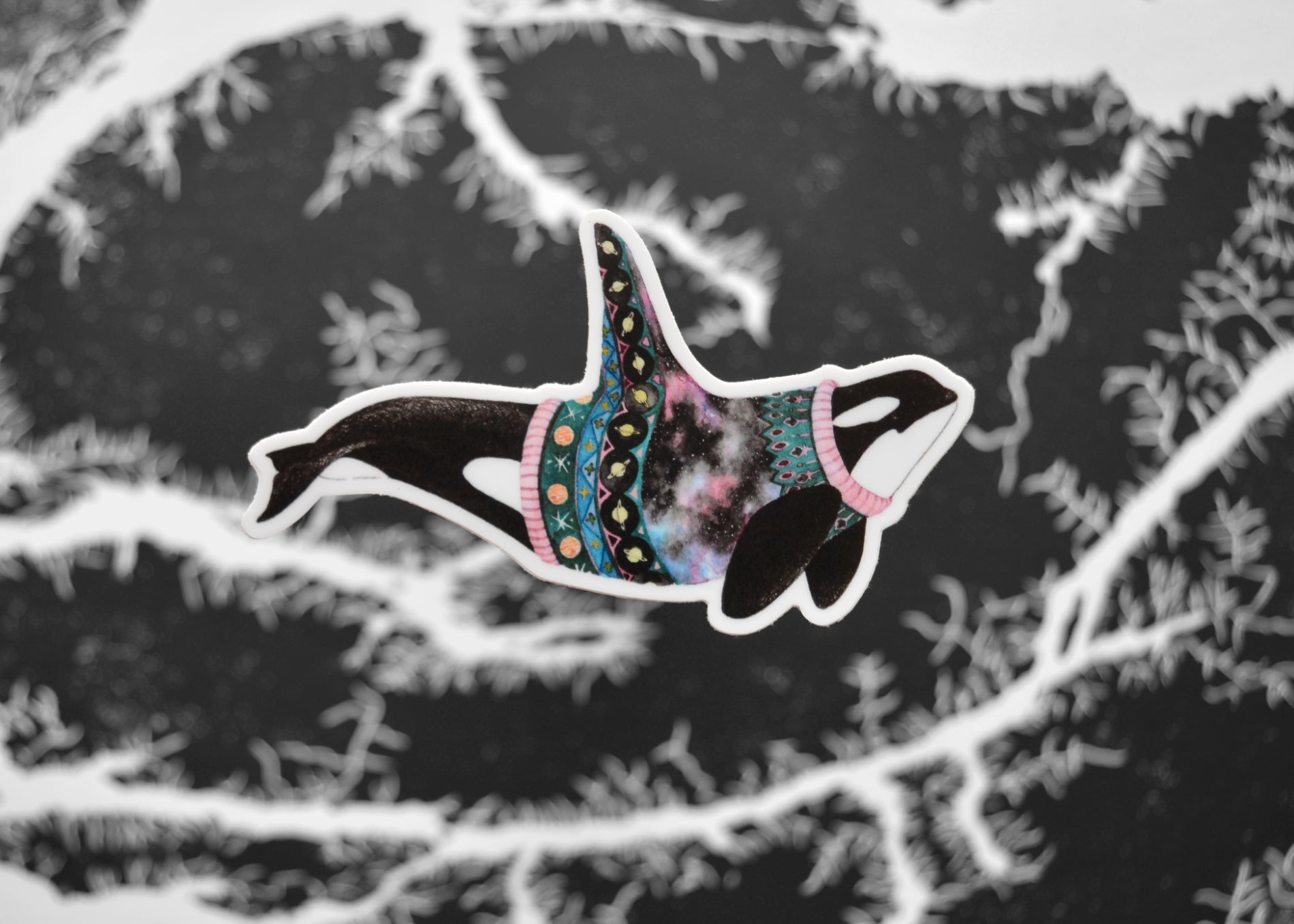 Orca sticker, wearing a sweater with planets and galaxy artwork.
