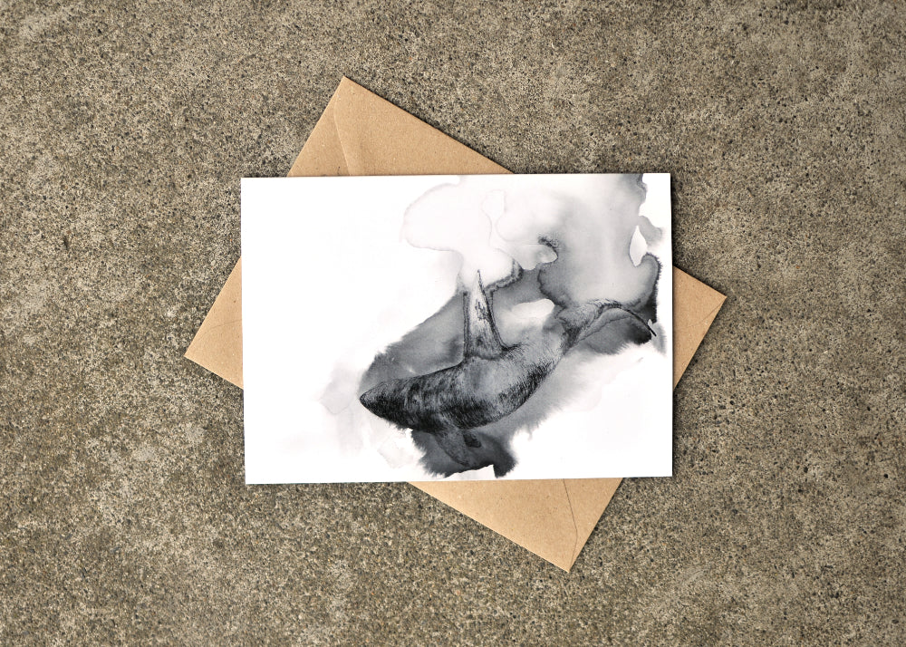 Black Ink Drawing of a Orca on a 5 x 7 greeting card. Brown envelope is located behind the card..