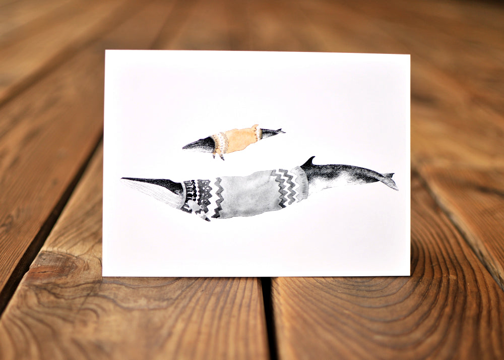 Greeting card with a Minke and Fin whale wearing Icelandic sweaters called lopapeysa.
