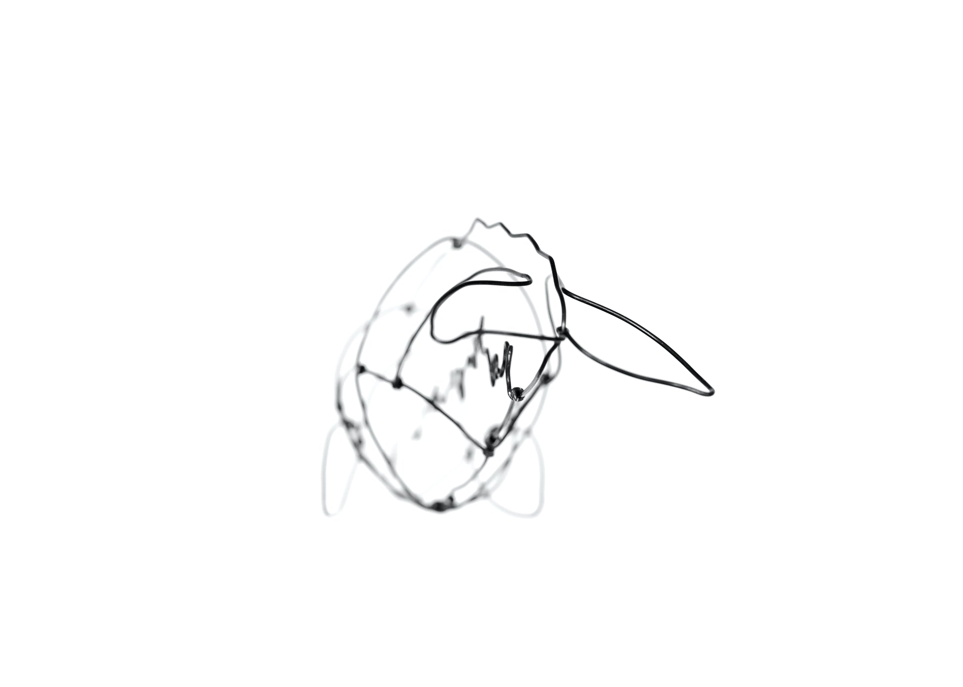 Photo of a 3D wire grey whale sculpture.