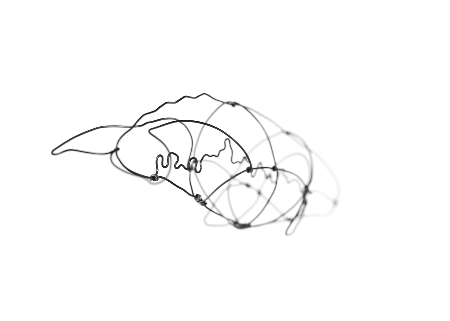 Photo of a wire grey whale sculpture.