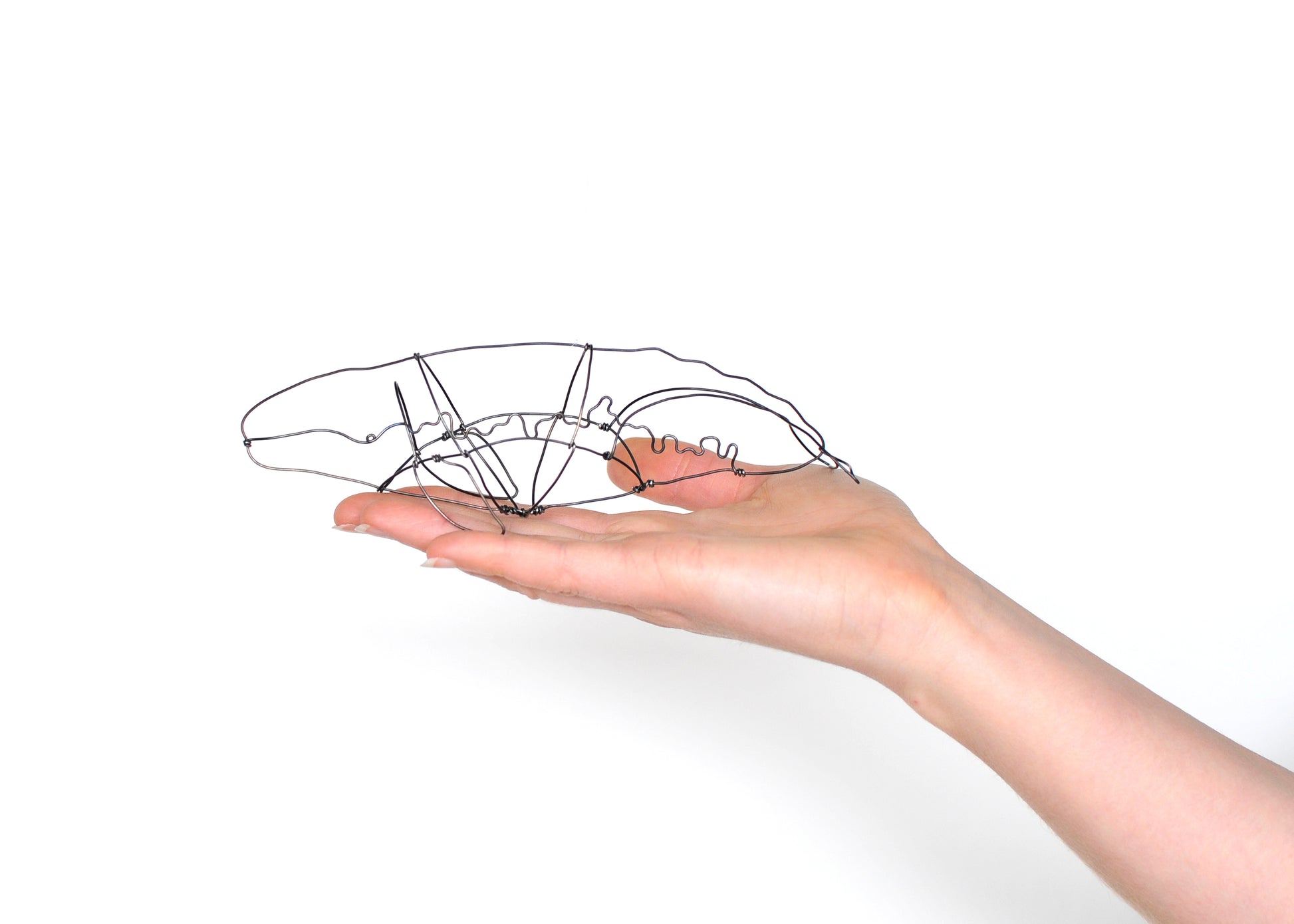 Photo of a wire grey whale sculpture held in a hand.