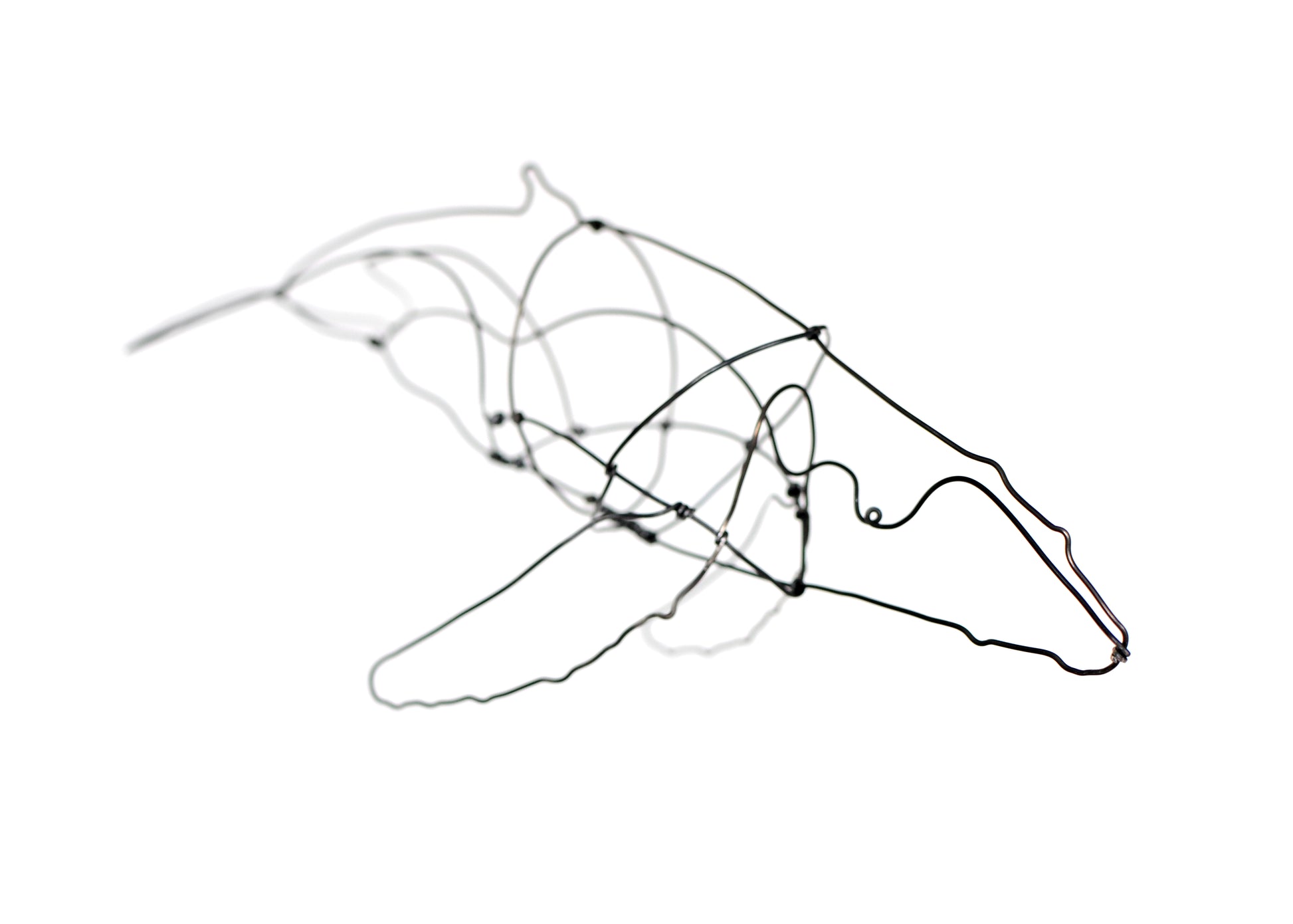Photo of a 3D wire humpback whale sculpture.
