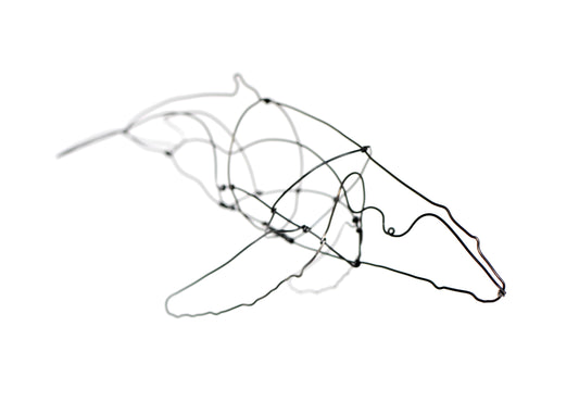 Photo of a 3D wire humpback whale sculpture.