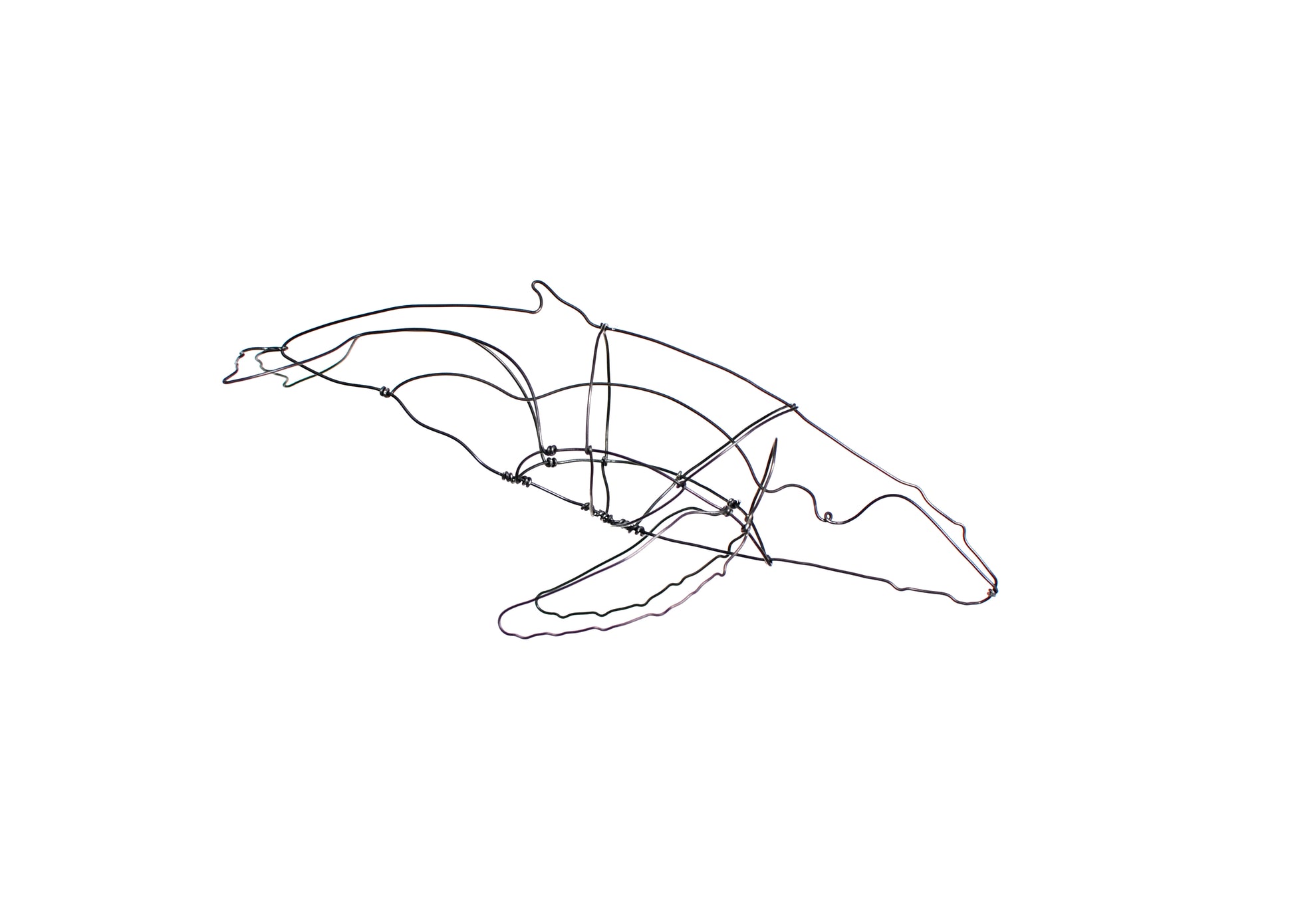 Photo of a 3D wire humpback whale sculpture.