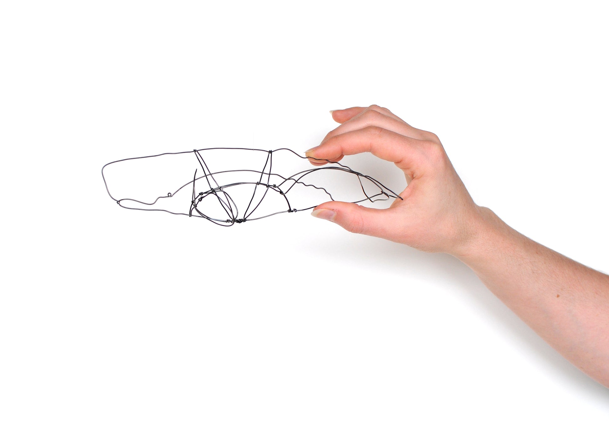 Photo of a 3D wire sperm whale sculpture held in a hand.