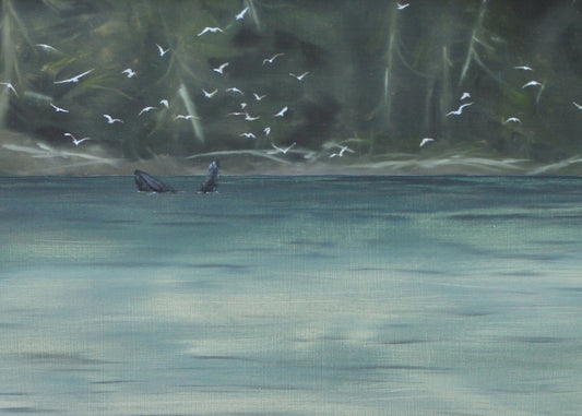 Framed oil painting of humpback whale trap feeding 