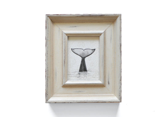 Ink painting of orca's tail mounted to silk 