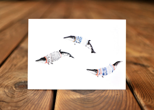 Greeting card with three minke whales wearing Norwegian ski sweaters, called lusekoftes