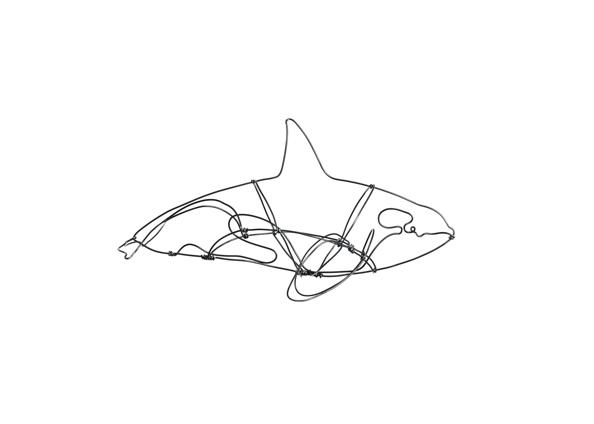 Photo of a 3D wire orca whale sculpture.